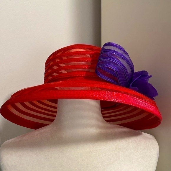 Red Hat Society Derby Purple Silk Flower Mesh Ribbon Bow Beach Summer Pool Day - Picture 1 of 15